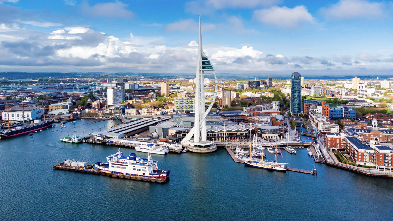 Aerial View Of The Sail Shaped Spinnaker Tower In Portsmouth Har