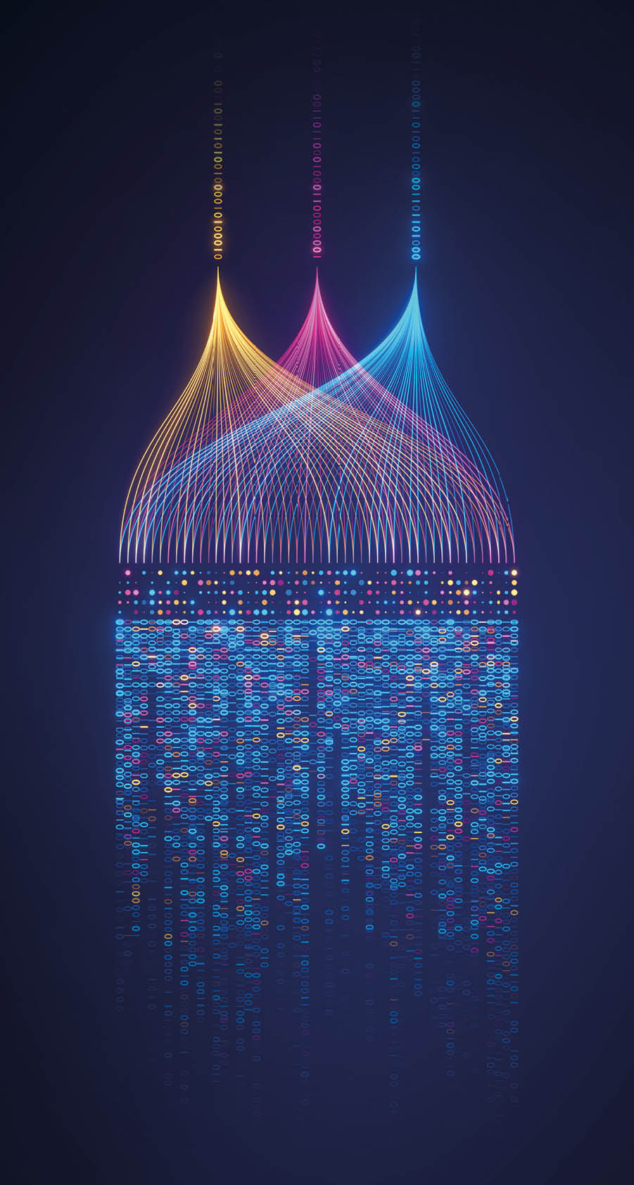 Big data technology and data science illustration. Data flow concept. Querying, analysing, visualizing complex information. Neural network for artificial intelligence. Data mining. Business analytics.